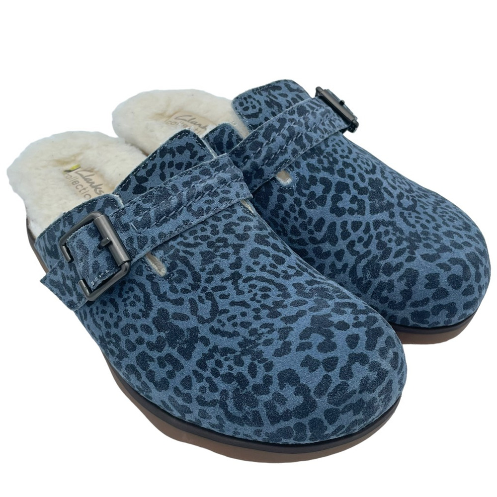 Clarks Womens Brynn Clog Shoes Blue Suede Slip On Sherpa Lined Buckle 7 M New